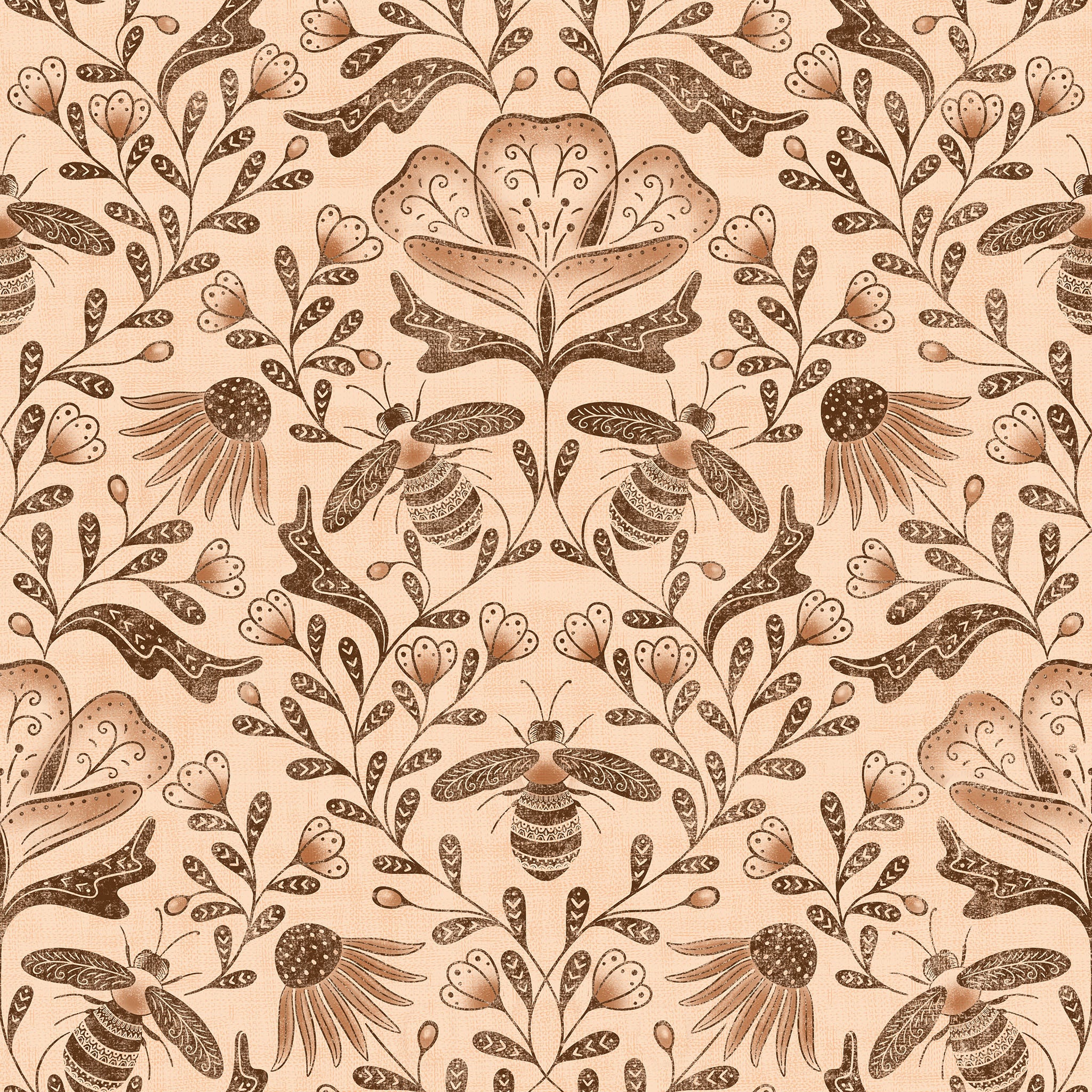 Decorative pattern with bees and flowers on a beige background